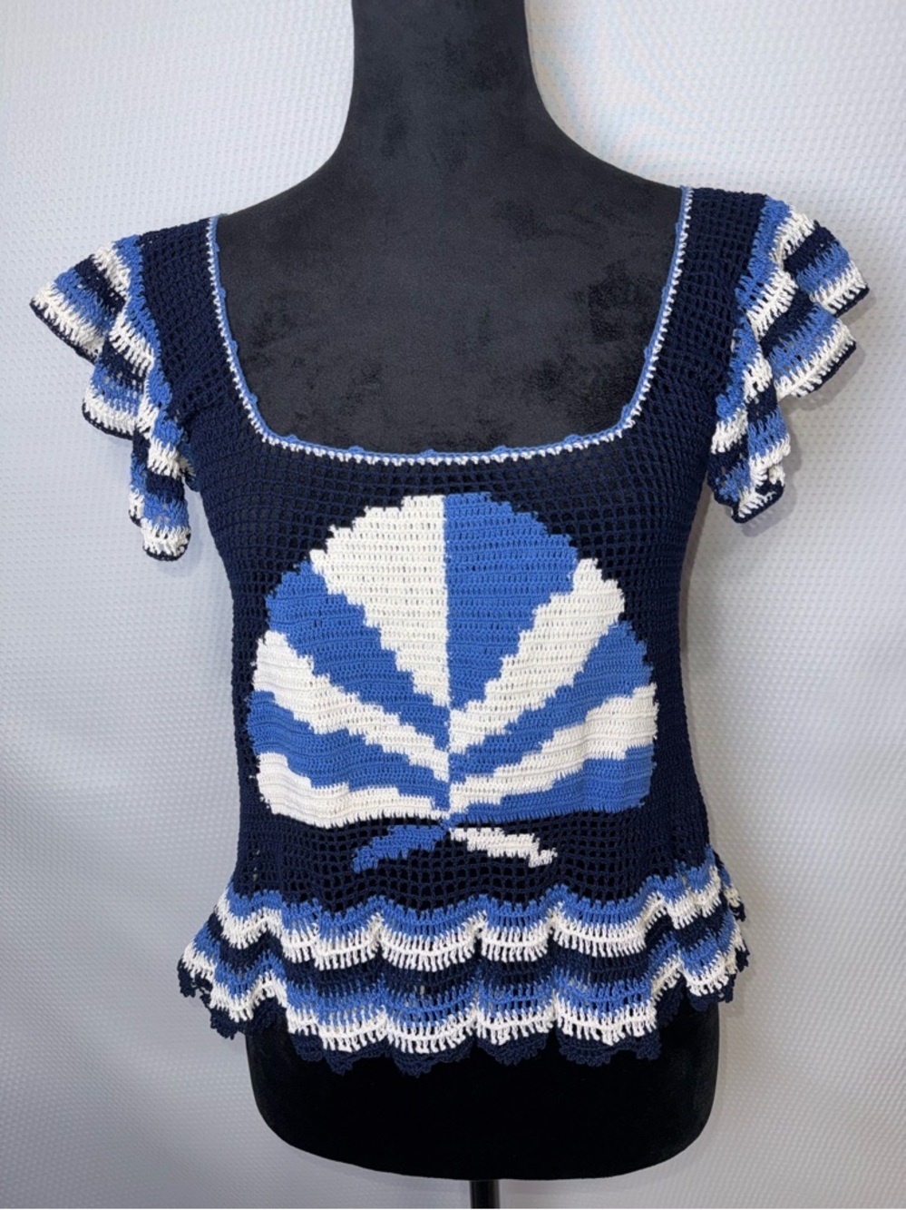 Carolina K Handmade Crochet Top Size Small Blue White Ruffle Sleeve Boho